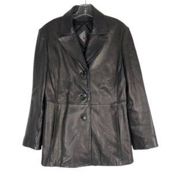 Leather Button Jacket Blazer Coat Black Large - Picture 1 of 5